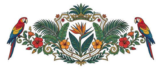 Tropical Floral Border with Macaw Parrots and Bird of Paradise © elsa