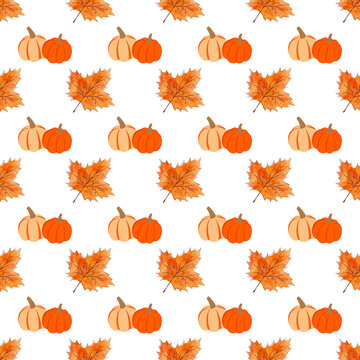 Seamless pattern with pumpkins and maple leaves