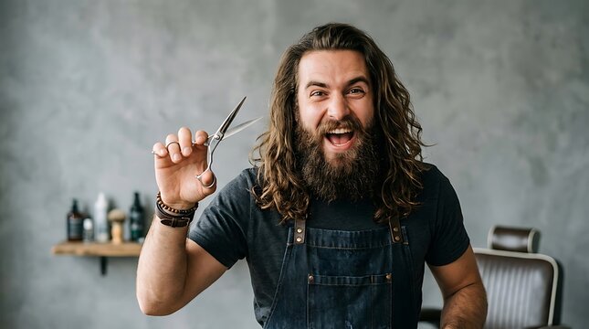 young handsome bearded man with long beard moustache and brunette hair holding hairdresser or barber scissors with emotional face in studio on grey background