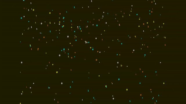 Falling binary code streams featuring zeros and ones displayed in multicolored neon light digits floating down