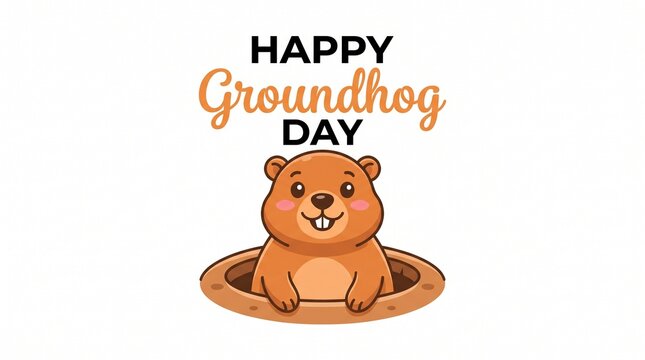 Happy groundhog popping out of burrow on groundhog day