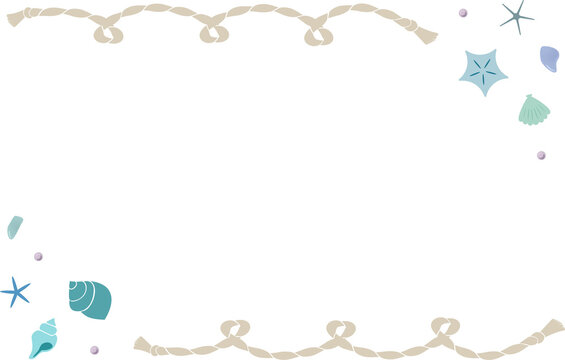 夏の海とロープのマリンフレーム　貝殻とヒトデのバナー素材 / Summer Marine Rope Frame with Seashells and Starfish, Nautical Banner Background