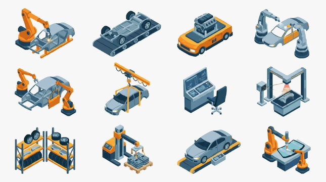Clean Isometric of Modern Automated Car Manufacturing Process with Robots and Assembly Line Equipment