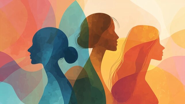 Three Women in Colorful Overlapping Abstract Profile Silhouettes