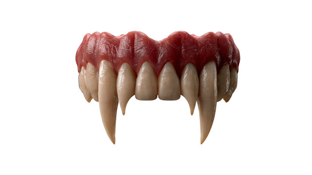 Highly realistic vampire teeth with sharp fangs and eerie Halloween details, isolated PNG on transparent background