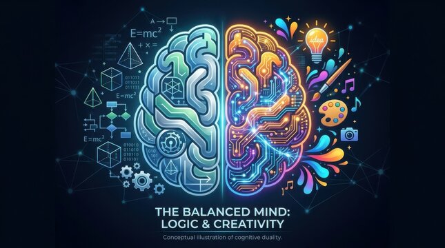 Human brain showing logic and creativity with colorful artistic symbols on a dark background