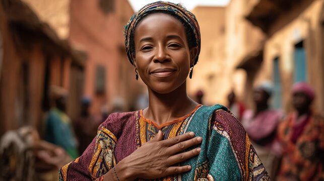 Smiling Black Woman in Colorful Traditional Clothing on Urban Street