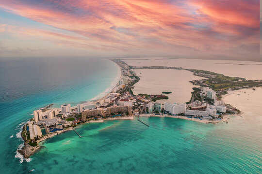 View of beautiful Hotels in the hotel zone of Cancun at sunset. Riviera Maya region in Quintana roo on Yucatan Peninsula