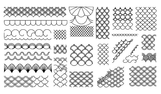 Geometric Fish Scale and Net Line Pattern Vector Set with Wavy Borders Scalloped Edges and Mesh Lattice Textures for Marine and Textile Designs