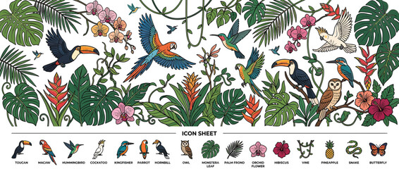 Obraz premium Vibrant Jungle Birds and Tropical Plants Illustration