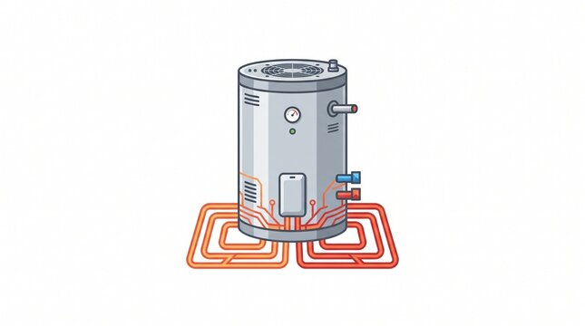 Geothermal Heat Pump Flat Illustration &ndash; Compact renewable heating unit with underground thermal energy motif, isolated on white background for clean technology and sustainable power.