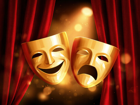 Theater mask comedy mask tragedy mask stage curtain red curtain theater stage dramatic art performing art world theatre day gold mask gold color smiling mask sad mask face mask performance drama