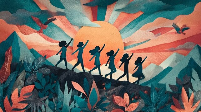 Silhouetted women crossing a mountain ridge together at sunrise