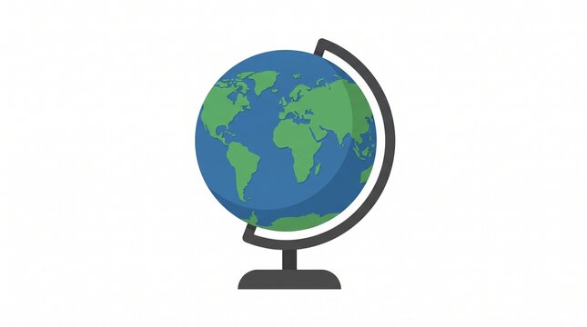 Educational Globe Flat Illustration &ndash; Blue and green world globe on a minimalist stand, isolated on white background for geography, education, learning, travel, and global studies.