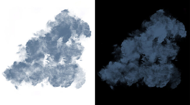 Atmospheric blue smoke clouds, thick vapor plume on white and black background, cinematic mist texture for design overlays