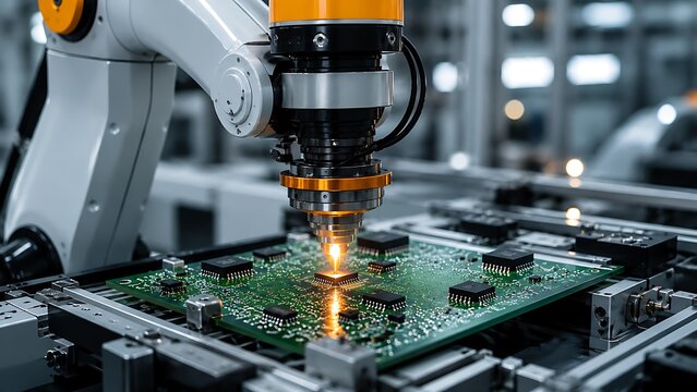Industrial robotic arm performing precision laser soldering on a circuit board assembly line.