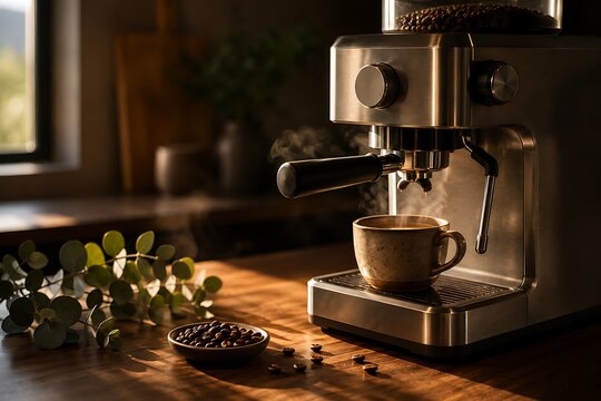 Espresso machine brewing fresh coffee into a ceramic cup on a warm wooden kitchen counter with scattered beans and a green plant.