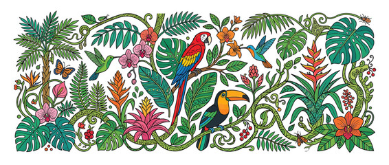 Tropical Jungle Border with Exotic Birds and Plants © Emilo