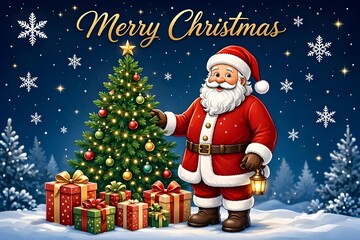 Naklejka premium Santa Claus Holding Lantern beside Christmas Tree in Snow