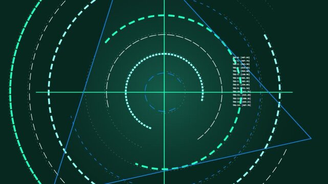 Futuristic radar interface scanning for target identification with circular navigation markers and technical data visualization HUD