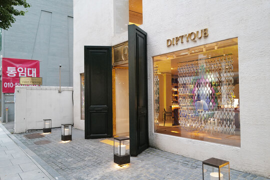 Exterior architecture and building design at 'DIPTYQUE' Perfume brand, artisanal fragrances, luxury scented candles, and home scents inspired by nature from Paris, France