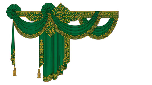 Elegant dark green velvet curtain swag with gold trim decoration