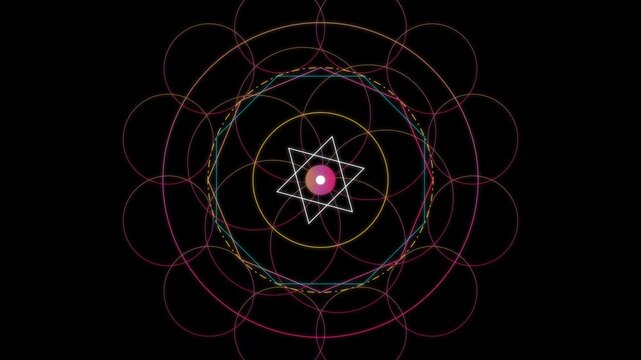 Animated Sacred Geometry Mandala Loop with Intersecting Circles and Rotating Star Pattern for Meditation and Spiritual Focus