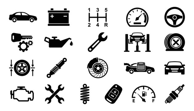 Car auto repair service icons set with engine battery brake oil wrench tools spark plug elements vector