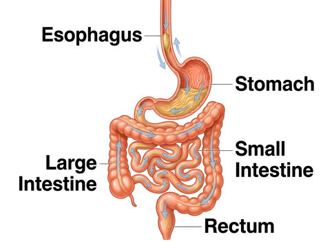 Human digestive system anatomy diagram with labeled parts isolated on white background