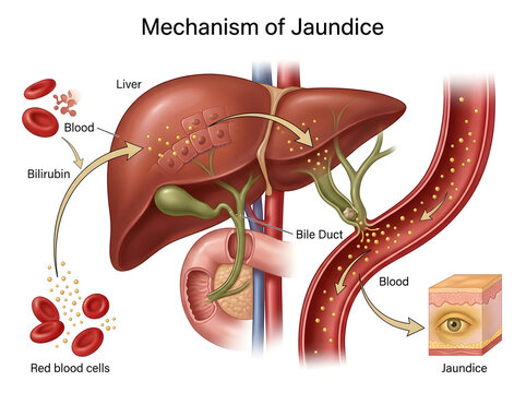 Mechanism of jaundice in human liver and bile duct isolated on white background