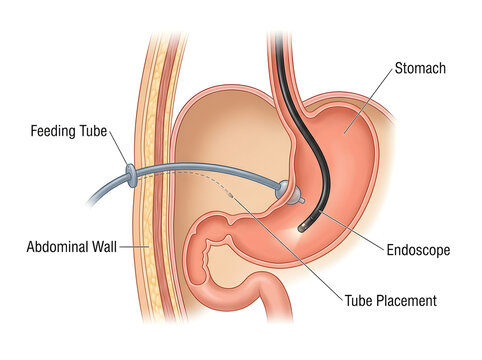 Medical feeding tube placement in stomach using endoscope isolated on white background