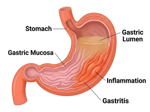 Human stomach cross-section showing gastritis and inflammation isolated on white background