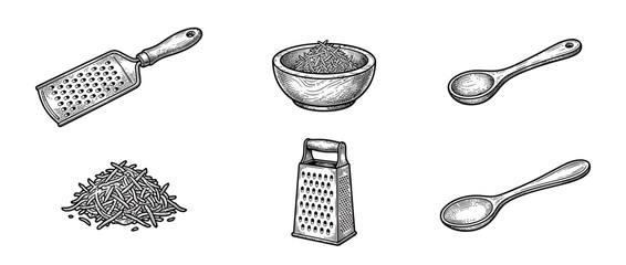 Vintage kitchen utensils and grated food illustration