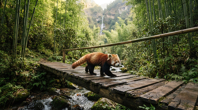 Wild red panda crossing wooden bridge over forest stream in lush green habitat