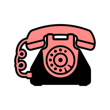Vintage rotary telephone icon in pink and black flat style design with telephone, business