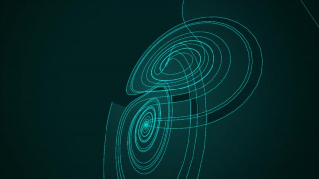 Glowing cyan light lines forming complex mathematical chaos loops on a dark teal energy field
