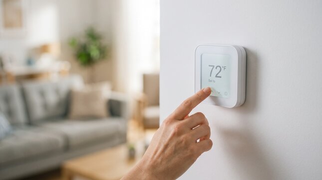 Finger adjusting modern digital thermostat displaying 72 degrees in a softly lit living room