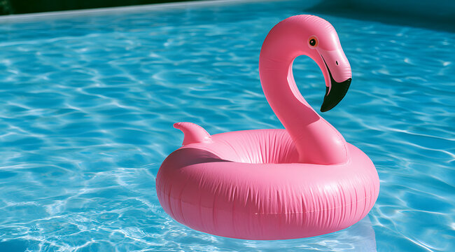 A pink flamingo float enjoying a sparkling blue swimming pool on a bright sunny day