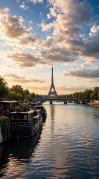 Scenic View of the Eiffel Tower Against a Dramatic Cloudy Sky Reflected in the Seine River at Sunset