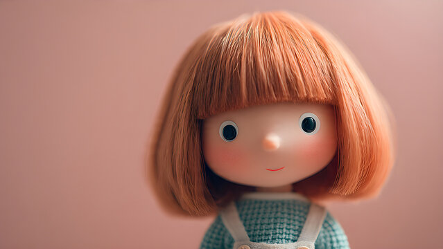 Close Up of Cute Doll with Orange Bob Haircut on Pink Background