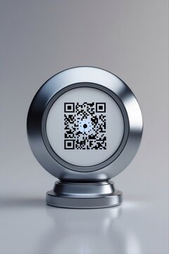 Circular metal authentication device featuring a machine-readable QR code within a precision-engineered housing. The concept represents digital identity verification, secure access control, automated 
