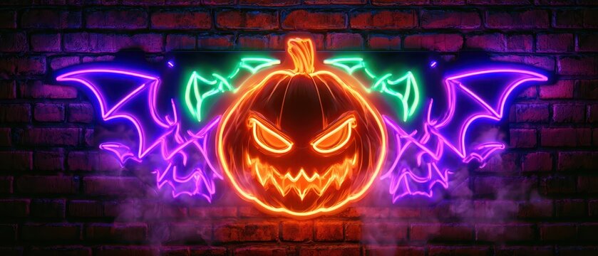 Neon Halloween Pumpkin with Glowing Bats on Dark Brick Wall