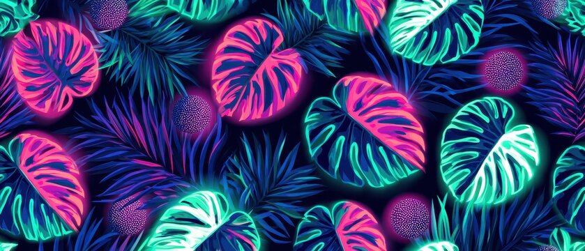 Neon Tropical Leaves Pattern with Vibrant Pink and Green Foliage