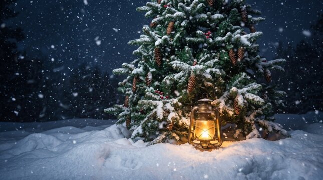 cozy winter night - glowing vintage lantern under snowy christmas tree during snowfall

