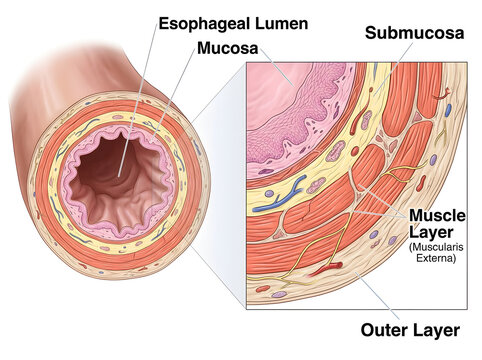 Cross section of human esophagus with labeled layers isolated on white background