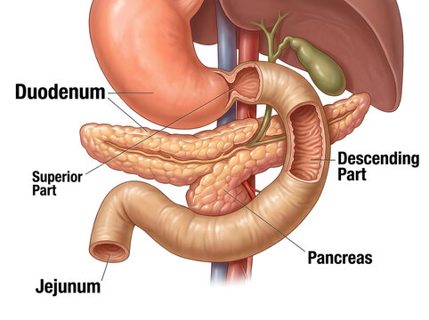 Human digestive system showing duodenum and jejunum parts isolated on white background