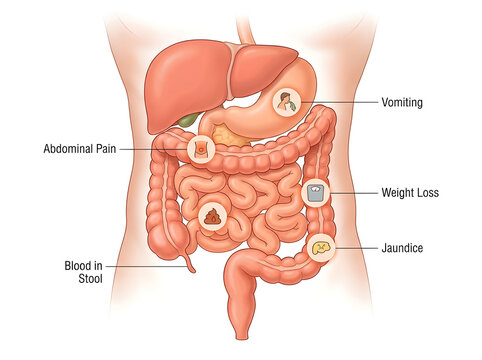 Human digestive system symptoms diagram with labels isolated on white background