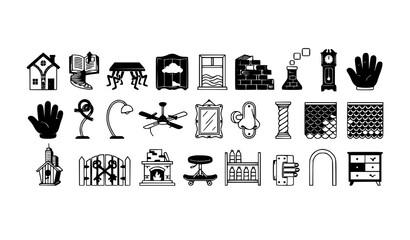 Fototapeta premium Home Interior Construction and House Renovation Vector Icon Set Featuring Architecture Elements, Furniture, Windows, Lighting, Architecture Materials, and Decoration Symbols