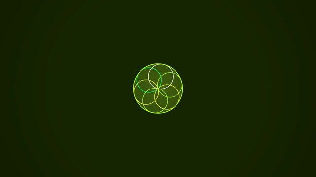 Glowing lime green intersecting circular geometry patterns forming a delicate flower of life motif repeat sequence