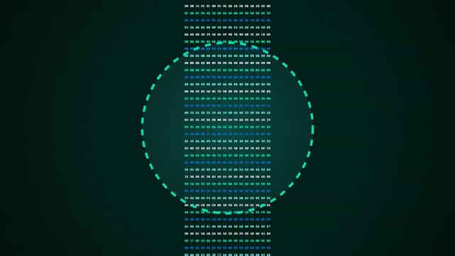 Glowing hexadecimal code sequences stream through a circular scanner interface for advanced software data analysis tasks
